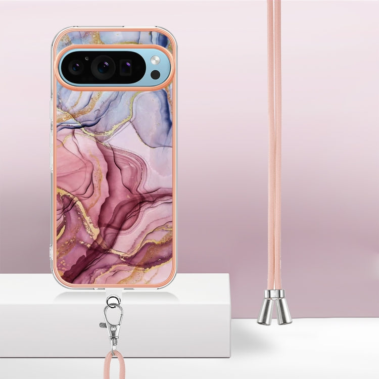 For Google Pixel 9 Pro XL Electroplating Marble Dual-side IMD Phone Case with Lanyard(Rose Red 014) - Google Cases by PMC TechLife | Online Shopping South Africa | PMC TechLife | Buy Now Pay Later Mobicred