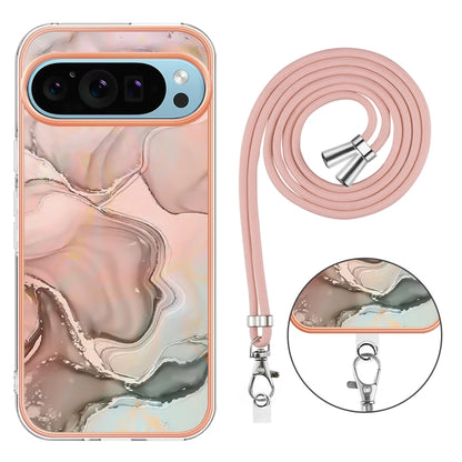 For Google Pixel 9 Pro XL Electroplating Marble Dual-side IMD Phone Case with Lanyard(Rose Gold 015) - Google Cases by PMC Jewellery | Online Shopping South Africa | PMC Jewellery | Buy Now Pay Later Mobicred