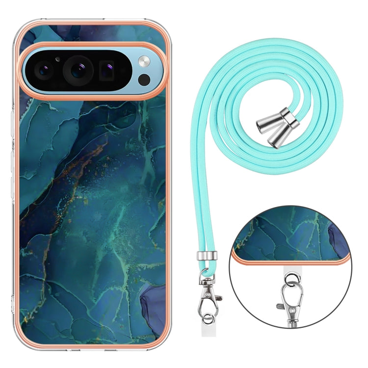 For Google Pixel 9 Pro XL Electroplating Marble Dual-side IMD Phone Case with Lanyard(Green 017) - Google Cases by PMC TechLife | Online Shopping South Africa | PMC TechLife | Buy Now Pay Later Mobicred