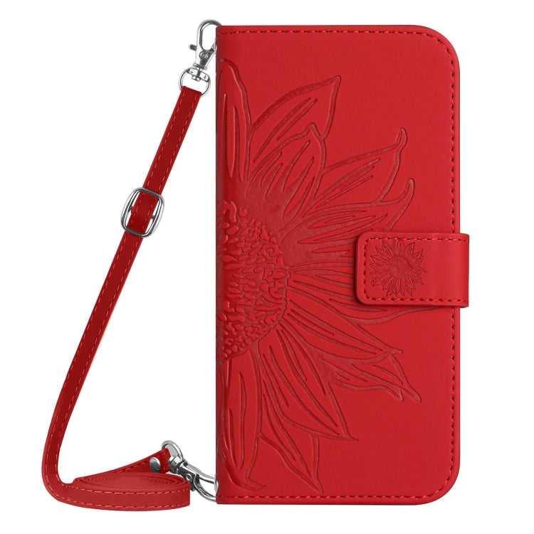 For iPhone 16 Plus Skin Feel Sun Flower Embossed Flip Leather Phone Case with Lanyard(Red) - iPhone 16 Plus Cases by PMC TechLife | Online Shopping South Africa | PMC TechLife | Buy Now Pay Later Mobicred