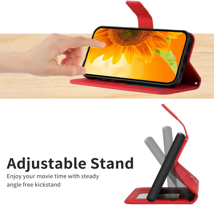For iPhone 16 Plus Skin Feel Sun Flower Embossed Flip Leather Phone Case with Lanyard(Red) - iPhone 16 Plus Cases by PMC TechLife | Online Shopping South Africa | PMC TechLife | Buy Now Pay Later Mobicred