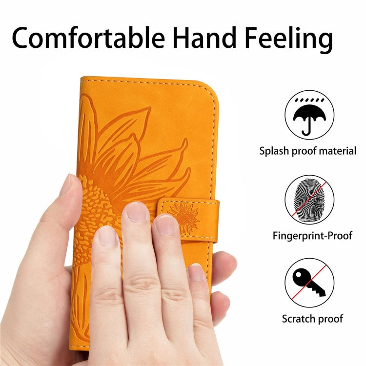 For iPhone 16 Plus Skin Feel Sun Flower Embossed Flip Leather Phone Case with Lanyard(Yellow) - iPhone 16 Plus Cases by PMC TechLife | Online Shopping South Africa | PMC TechLife | Buy Now Pay Later Mobicred