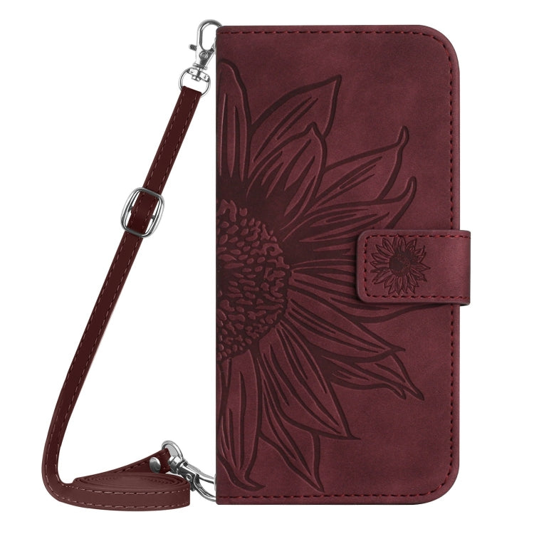 For iPhone 16 Skin Feel Sun Flower Embossed Flip Leather Phone Case with Lanyard(Wine Red) - iPhone 16 Cases by PMC TechLife | Online Shopping South Africa | PMC TechLife | Buy Now Pay Later Mobicred
