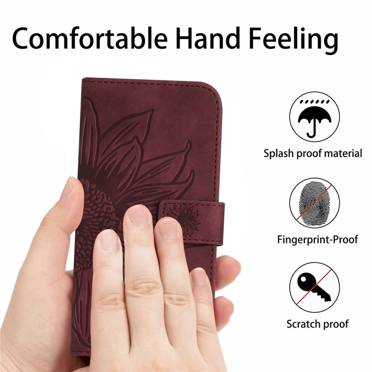 For iPhone 16 Skin Feel Sun Flower Embossed Flip Leather Phone Case with Lanyard(Wine Red) - iPhone 16 Cases by PMC TechLife | Online Shopping South Africa | PMC TechLife | Buy Now Pay Later Mobicred