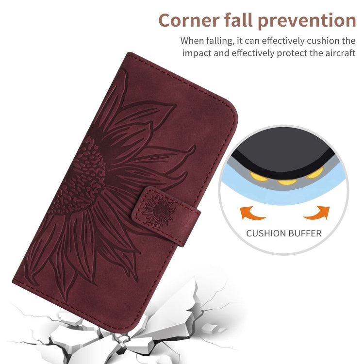 For iPhone 16 Skin Feel Sun Flower Embossed Flip Leather Phone Case with Lanyard(Wine Red) - iPhone 16 Cases by PMC TechLife | Online Shopping South Africa | PMC TechLife | Buy Now Pay Later Mobicred