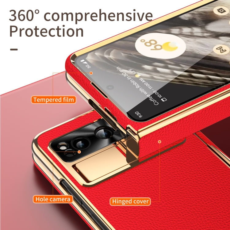 For Google Pixel Fold Litchi Pattern Electroplating Folding Phone Case with Hinge(Red) - Google Cases by PMC TechLife | Online Shopping South Africa | PMC TechLife | Buy Now Pay Later Mobicred