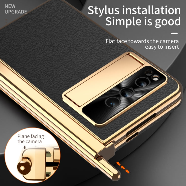 For Google Pixel Fold Litchi Pattern Electroplating Pen Slot Double Hinge Folding Phone Case with Stylus(Black) - Google Cases by PMC TechLife | Online Shopping South Africa | PMC TechLife | Buy Now Pay Later Mobicred