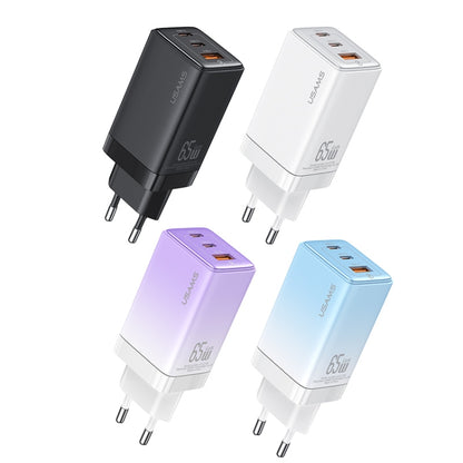 USAMS US-CC180 65W ACC Three Ports GaN Charger, EU Plug(Gradient Purple) - USB Charger by USAMS | Online Shopping South Africa | PMC Jewellery | Buy Now Pay Later Mobicred