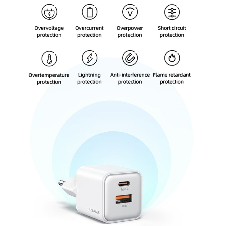 USAMS US-CC189 PD 30W USB+USB-C/Type-C Dual Port Electroplating Charger, EU Plug(White) - USB Charger by USAMS | Online Shopping South Africa | PMC Jewellery | Buy Now Pay Later Mobicred