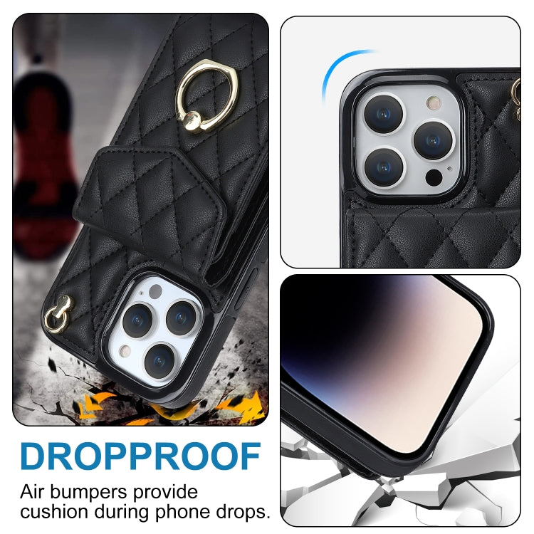 For iPhone 14 Pro Rhombic Texture Card Bag Phone Case with Long Lanyard(Black) - iPhone 14 Pro Cases by PMC TechLife | Online Shopping South Africa | PMC TechLife