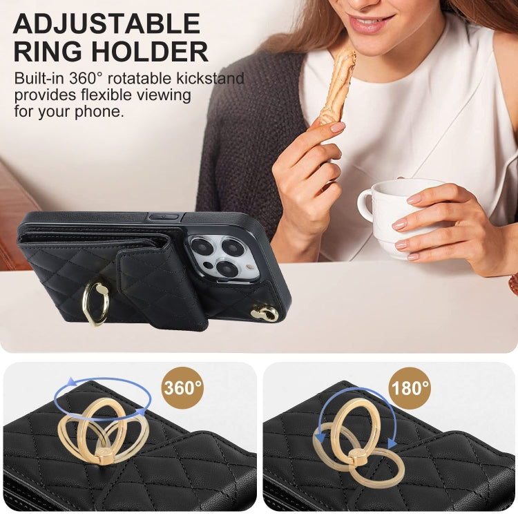 For iPhone 14 Pro Rhombic Texture Card Bag Phone Case with Long Lanyard(Black) - iPhone 14 Pro Cases by PMC TechLife | Online Shopping South Africa | PMC TechLife