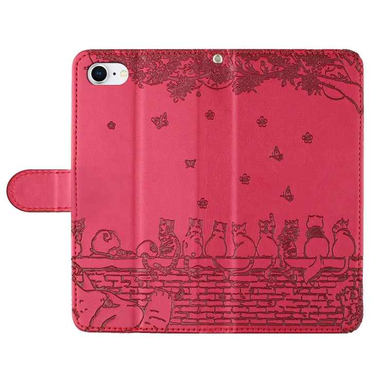 For iPhone 16e Cat Embossing Pattern Leather Phone Case with Lanyard(Red) - iPhone 16e Cases by PMC TechLife | Online Shopping South Africa | PMC TechLife | Buy Now Pay Later Mobicred