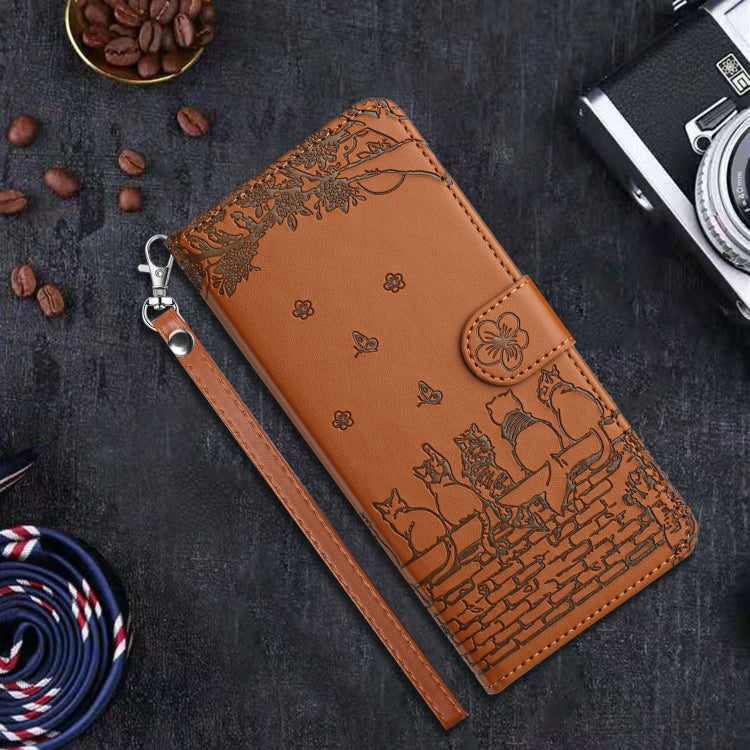For iPhone 16e Cat Embossing Pattern Leather Phone Case with Lanyard(Brown) - iPhone 16e Cases by PMC TechLife | Online Shopping South Africa | PMC TechLife | Buy Now Pay Later Mobicred