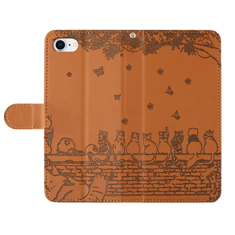 For iPhone 16e Cat Embossing Pattern Leather Phone Case with Lanyard(Brown) - iPhone 16e Cases by PMC TechLife | Online Shopping South Africa | PMC TechLife | Buy Now Pay Later Mobicred