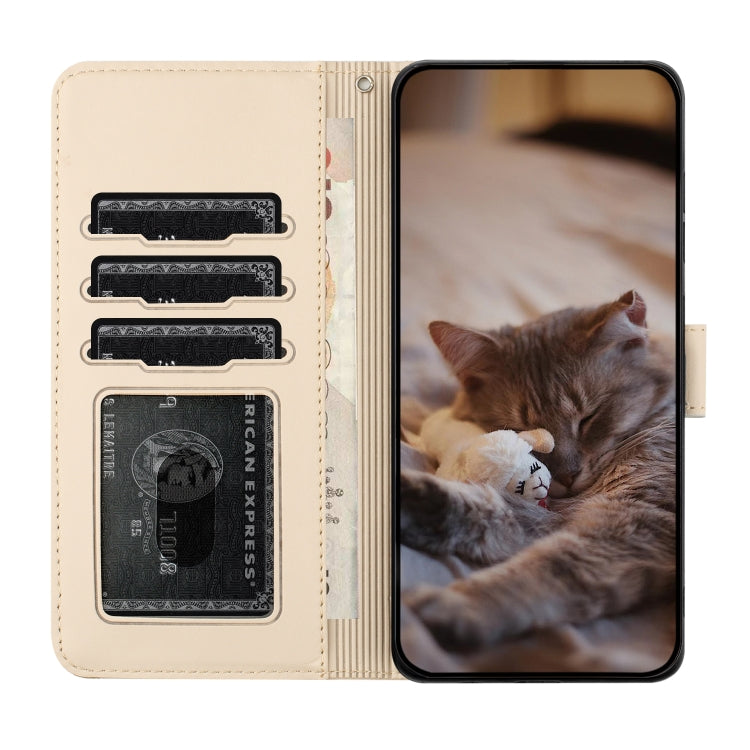 For iPhone 16e Cat Embossing Pattern Leather Phone Case with Lanyard(Beige) - iPhone 16e Cases by PMC TechLife | Online Shopping South Africa | PMC TechLife | Buy Now Pay Later Mobicred