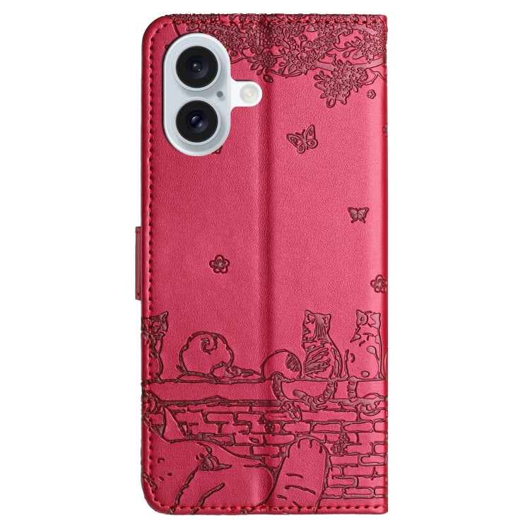 For iPhone 16 Plus Cat Embossing Pattern Leather Phone Case with Lanyard(Red) - iPhone 16 Plus Cases by PMC TechLife | Online Shopping South Africa | PMC TechLife | Buy Now Pay Later Mobicred