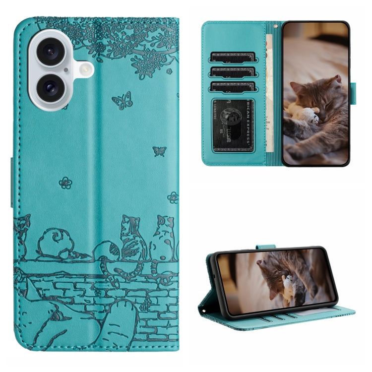 For iPhone 16 Plus Cat Embossing Pattern Leather Phone Case with Lanyard(Blue) - iPhone 16 Plus Cases by PMC TechLife | Online Shopping South Africa | PMC TechLife | Buy Now Pay Later Mobicred