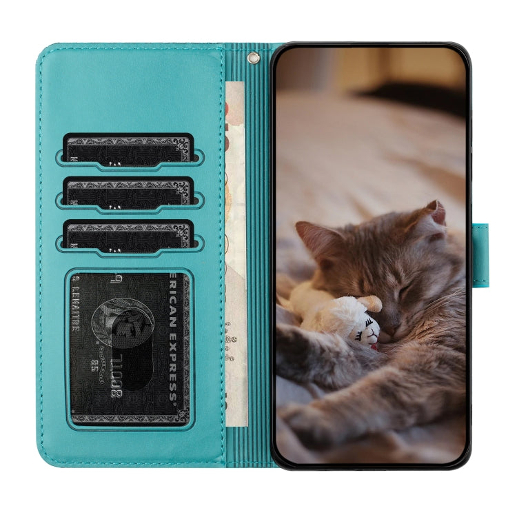 For iPhone 16 Plus Cat Embossing Pattern Leather Phone Case with Lanyard(Blue) - iPhone 16 Plus Cases by PMC TechLife | Online Shopping South Africa | PMC TechLife | Buy Now Pay Later Mobicred