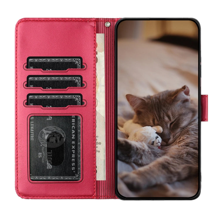 For iPhone 16 Cat Embossing Pattern Leather Phone Case with Lanyard(Red) - iPhone 16 Cases by PMC TechLife | Online Shopping South Africa | PMC TechLife | Buy Now Pay Later Mobicred