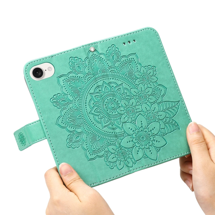 For iPhone 16e Seven-petal Flowers Embossing Leather Phone Case(Green) - iPhone 16e Cases by PMC TechLife | Online Shopping South Africa | PMC TechLife | Buy Now Pay Later Mobicred