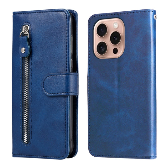 For iPhone 16 Pro Fashion Calf Texture Zipper Leather Phone Case(Blue) - iPhone 16 Pro Cases by PMC Jewellery | Online Shopping South Africa | PMC Jewellery | Buy Now Pay Later Mobicred