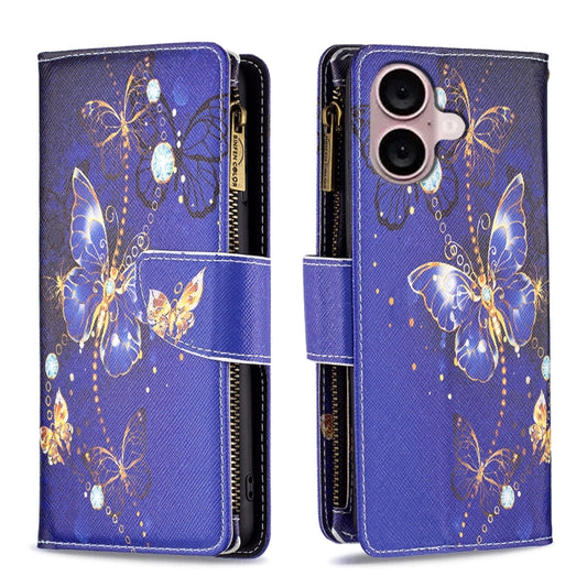 For iPhone 16 Plus Colored Drawing Pattern Zipper Phone Leather Case(Purple Butterfly) - iPhone 16 Plus Cases by PMC Jewellery | Online Shopping South Africa | PMC Jewellery | Buy Now Pay Later Mobicred