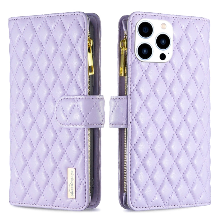 For iPhone 16 Pro Max Diamond Lattice Zipper Wallet Leather Flip Phone Case(Purple) - iPhone 16 Pro Max Cases by PMC Jewellery | Online Shopping South Africa | PMC Jewellery | Buy Now Pay Later Mobicred