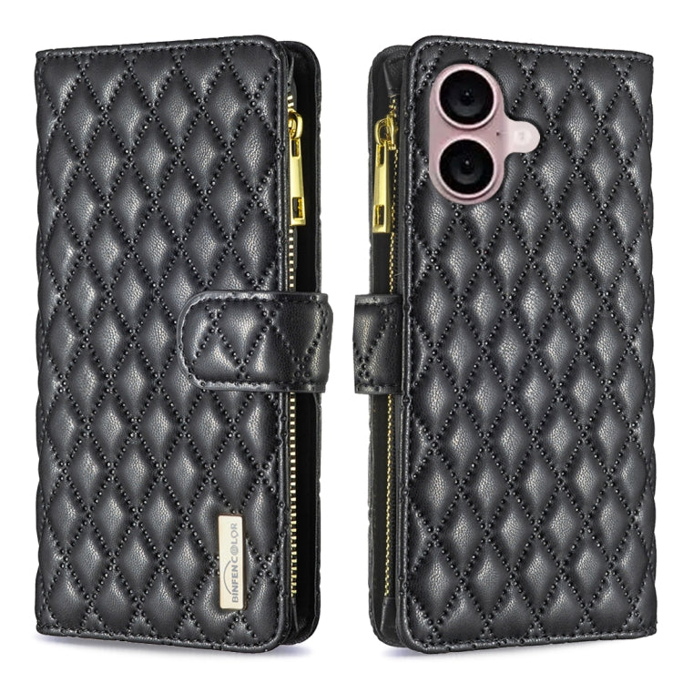 For iPhone 16 Diamond Lattice Zipper Wallet Leather Flip Phone Case(Black) - iPhone 16 Cases by PMC Jewellery | Online Shopping South Africa | PMC Jewellery | Buy Now Pay Later Mobicred