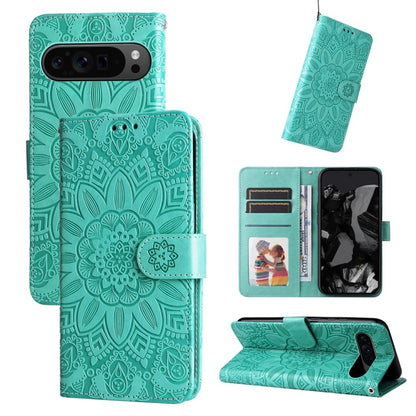 For Google Pixel 9 Pro Embossed Sunflower Leather Phone Case(Green) - Google Cases by PMC Jewellery | Online Shopping South Africa | PMC Jewellery | Buy Now Pay Later Mobicred