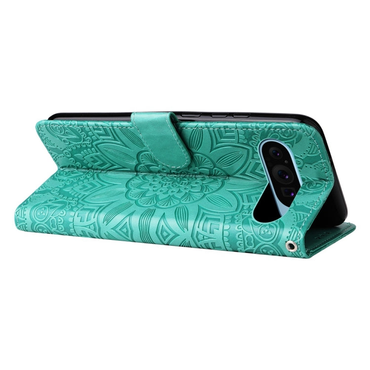 For Google Pixel 9 Embossed Sunflower Leather Phone Case(Green) - Google Cases by PMC TechLife | Online Shopping South Africa | PMC TechLife | Buy Now Pay Later Mobicred