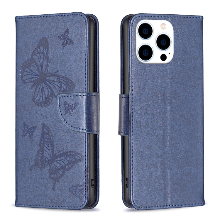 For iPhone 16 Pro Embossing Two Butterflies Pattern Leather Phone Case(Blue) - iPhone 16 Pro Cases by PMC Jewellery | Online Shopping South Africa | PMC Jewellery | Buy Now Pay Later Mobicred