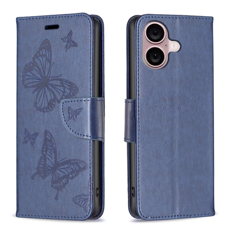 For iPhone 16 Embossing Two Butterflies Pattern Leather Phone Case(Blue) - iPhone 16 Cases by PMC Jewellery | Online Shopping South Africa | PMC Jewellery | Buy Now Pay Later Mobicred