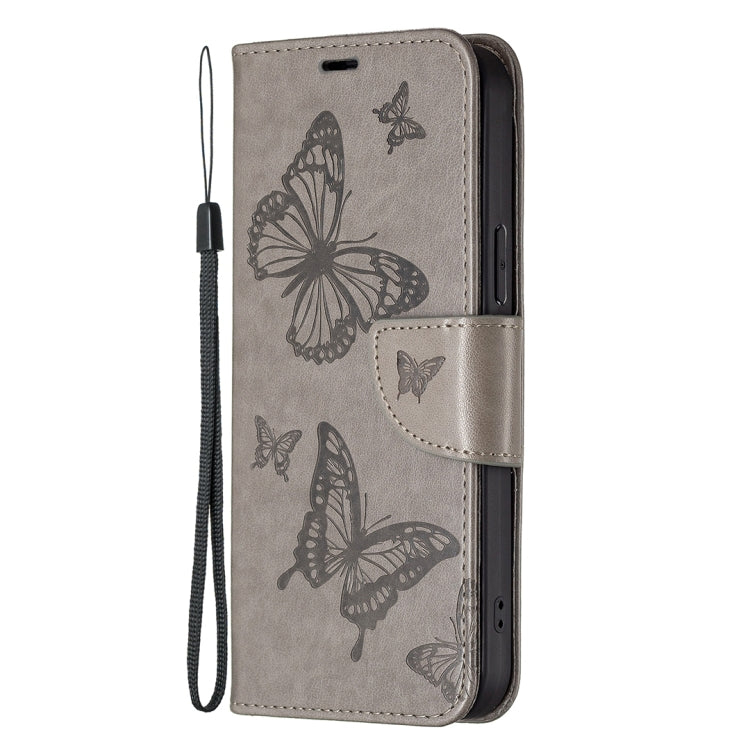 For iPhone 16 Embossing Two Butterflies Pattern Leather Phone Case(Grey) - iPhone 16 Cases by PMC TechLife | Online Shopping South Africa | PMC TechLife | Buy Now Pay Later Mobicred