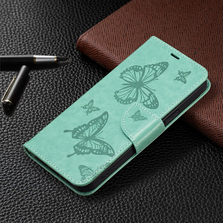 For iPhone 16 Plus Embossing Two Butterflies Pattern Leather Phone Case(Green) - iPhone 16 Plus Cases by PMC Jewellery | Online Shopping South Africa | PMC Jewellery | Buy Now Pay Later Mobicred