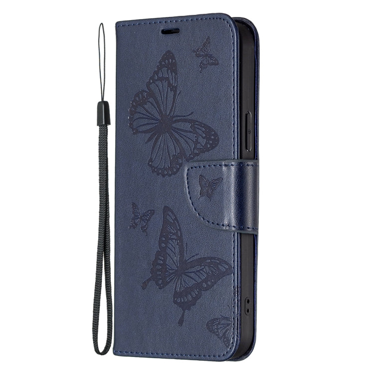 For iPhone 16 Plus Embossing Two Butterflies Pattern Leather Phone Case(Blue) - iPhone 16 Plus Cases by PMC TechLife | Online Shopping South Africa | PMC TechLife | Buy Now Pay Later Mobicred