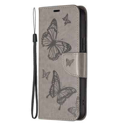 For iPhone 16 Plus Embossing Two Butterflies Pattern Leather Phone Case(Grey) - iPhone 16 Plus Cases by PMC Jewellery | Online Shopping South Africa | PMC Jewellery | Buy Now Pay Later Mobicred