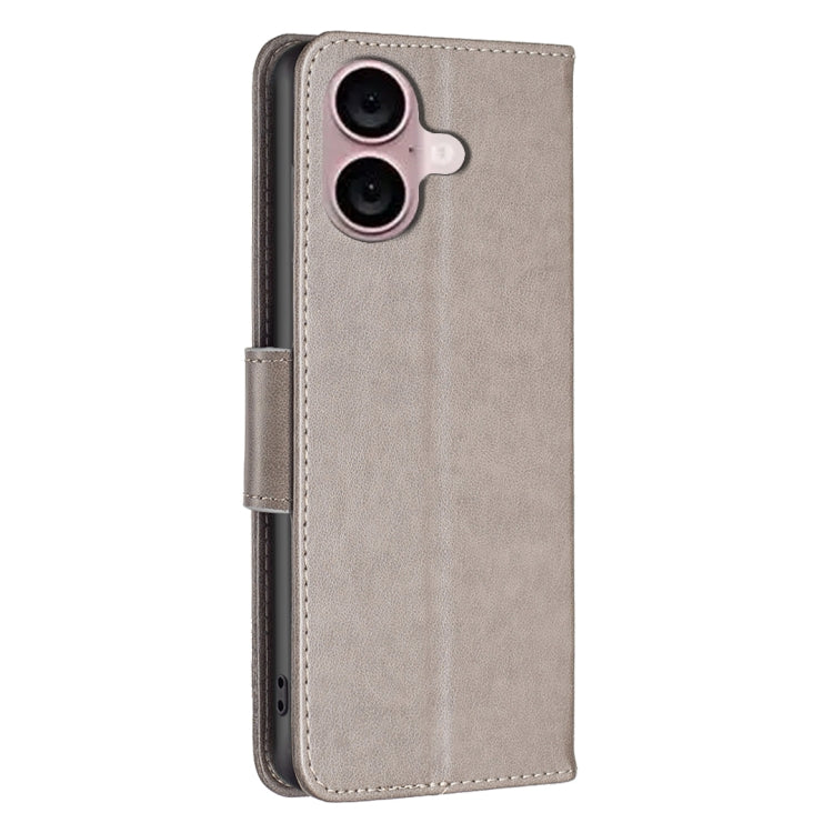 For iPhone 16 Plus Embossing Two Butterflies Pattern Leather Phone Case(Grey) - iPhone 16 Plus Cases by PMC TechLife | Online Shopping South Africa | PMC TechLife | Buy Now Pay Later Mobicred