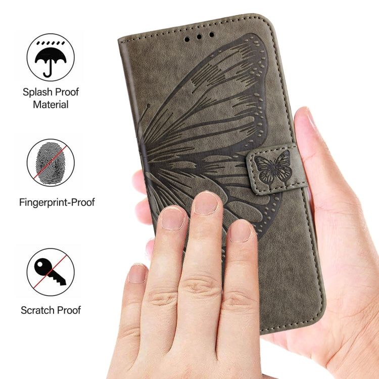 For iPhone 16 Plus Embossed Butterfly Leather Phone Case(Grey) - iPhone 16 Plus Cases by PMC Jewellery | Online Shopping South Africa | PMC Jewellery | Buy Now Pay Later Mobicred