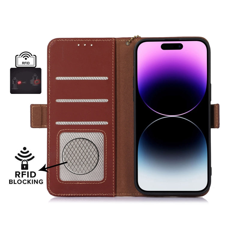 For OnePlus 12 Genuine Leather Magnetic RFID Leather Phone Case(Coffee) - OnePlus Cases by PMC TechLife | Online Shopping South Africa | PMC TechLife | Buy Now Pay Later Mobicred