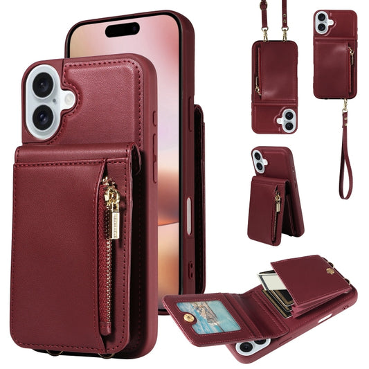 For iPhone 16 Plus Crossbody Lanyard Zipper Wallet Leather Phone Case(Wine Red) - iPhone 16 Plus Cases by PMC Jewellery | Online Shopping South Africa | PMC Jewellery | Buy Now Pay Later Mobicred