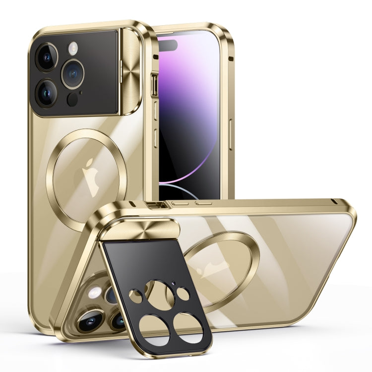 For iPhone 14 Pro Large Window Holder MagSafe Magnetic Metal Phone Case(Yellow) - iPhone 14 Pro Cases by PMC TechLife | Online Shopping South Africa | PMC TechLife