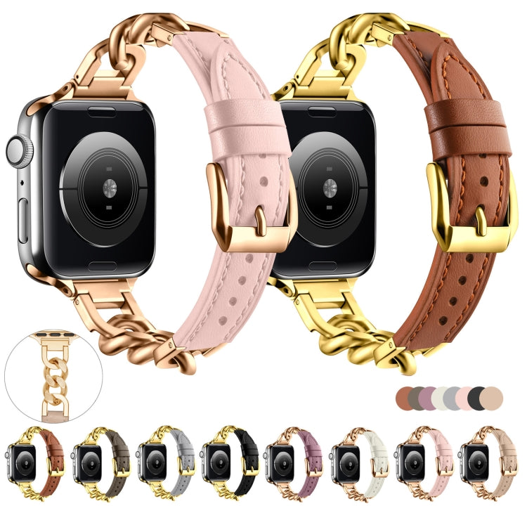 For Apple Watch Series 2 38mm Chain Genuine Leather Watch Band, Size: S(Gold Grey) - free shipping - PMC TechLife - Order now!