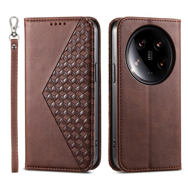 For Xiaomi 14 Ultra Cubic Grid Calf Texture Magnetic Leather Phone Case(Brown) - 14 Ultra Cases by PMC Jewellery | Online Shopping South Africa | PMC Jewellery | Buy Now Pay Later Mobicred