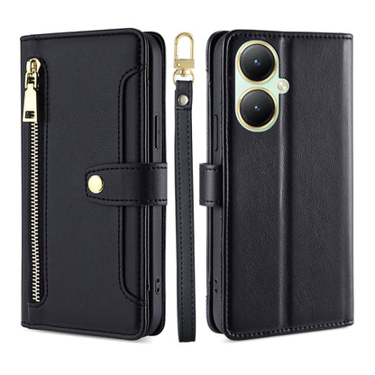 For vivo Y35+ 5G Lite Sheep Texture Cross-body Zipper Wallet Leather Phone Case(Black) - vivo Cases by PMC Jewellery | Online Shopping South Africa | PMC Jewellery | Buy Now Pay Later Mobicred