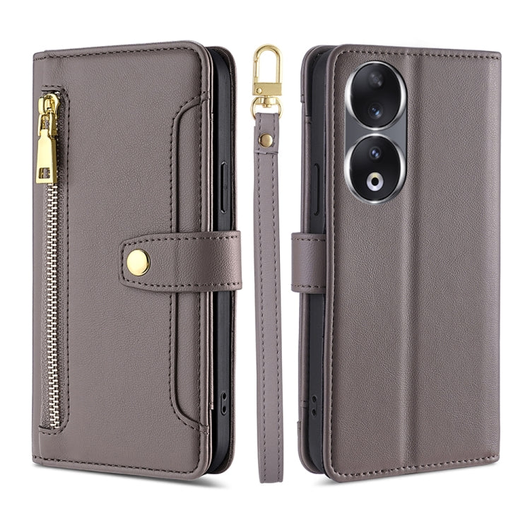 For Honor 90 5G Sheep Texture Cross-body Zipper Wallet Leather Phone Case(Grey) - Honor Cases by PMC TechLife | Online Shopping South Africa | PMC TechLife | Buy Now Pay Later Mobicred