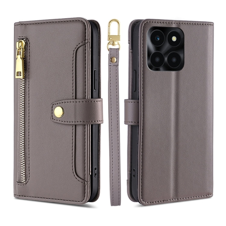 For Honor X6a 4G Sheep Texture Cross-body Zipper Wallet Leather Phone Case(Grey) - Honor Cases by PMC TechLife | Online Shopping South Africa | PMC TechLife | Buy Now Pay Later Mobicred