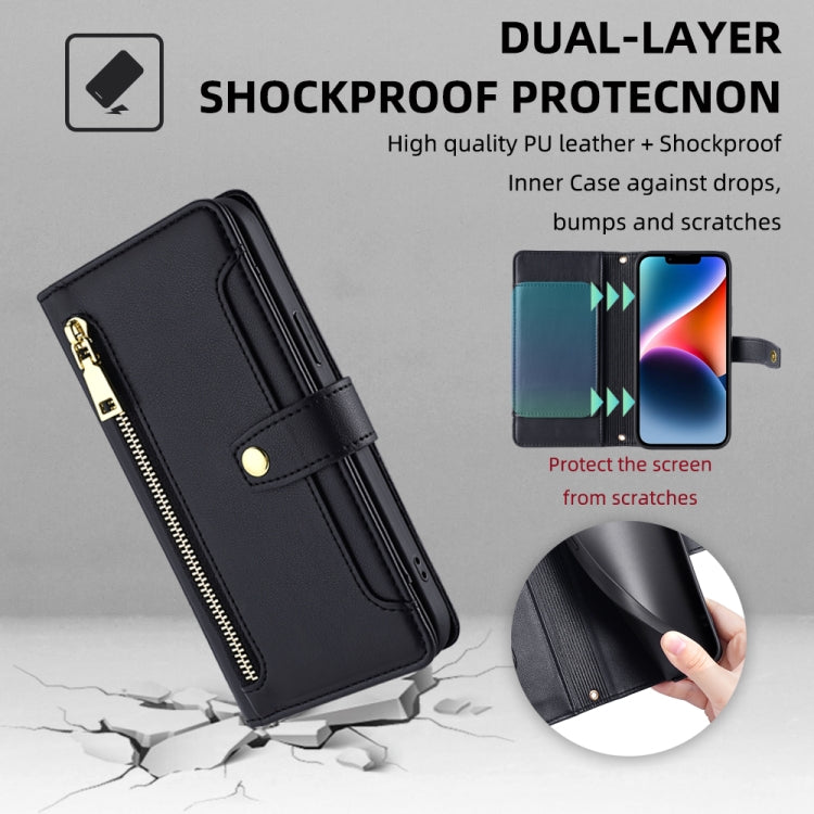 For Honor X7a Sheep Texture Cross-body Zipper Wallet Leather Phone Case(Black) - Honor Cases by PMC TechLife | Online Shopping South Africa | PMC TechLife | Buy Now Pay Later Mobicred