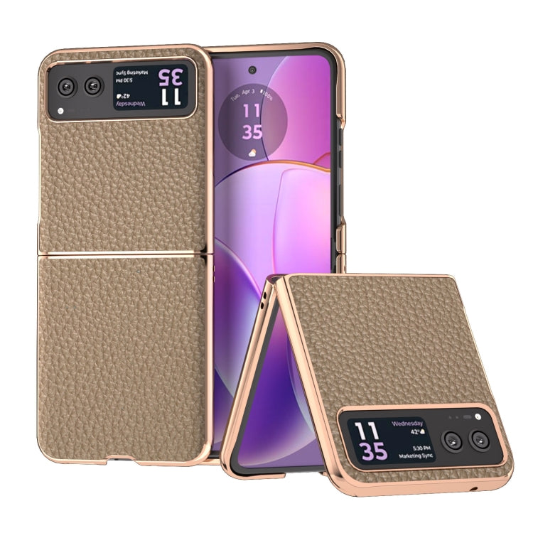 For Motorola Razr 40 Nano Electroplating Genuine Leather Litchi Texture Phone Case(Grey) - Motorola Cases by PMC TechLife | Online Shopping South Africa | PMC TechLife | Buy Now Pay Later Mobicred
