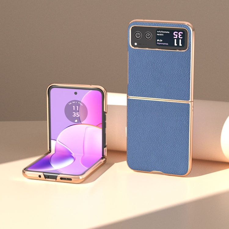 For Motorola Razr 40 Nano Electroplating Genuine Leather + PC Litchi Texture Phone Case(Blue) - Motorola Cases by PMC TechLife | Online Shopping South Africa | PMC TechLife | Buy Now Pay Later Mobicred