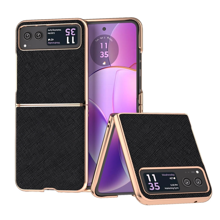 For Motorola Razr 40 Nano Electroplating Cross Texture Genuine Leather Phone Case(Black) - Motorola Cases by PMC TechLife | Online Shopping South Africa | PMC TechLife | Buy Now Pay Later Mobicred
